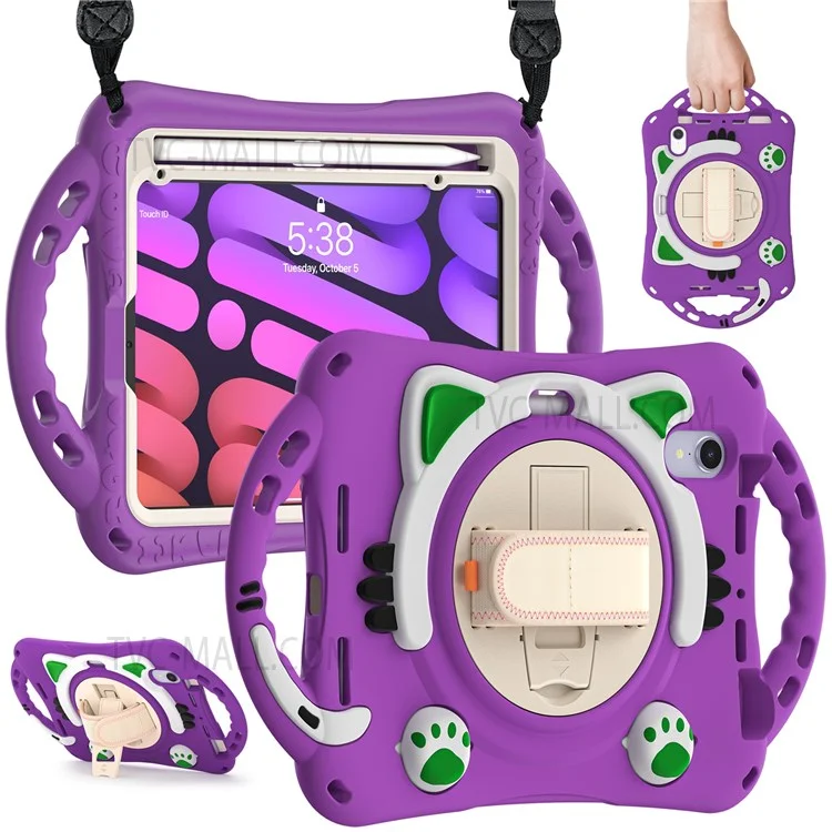 PC + Silicone Hybrid Cover Hand Band Design with Shoulder Strap and 360-Degree Rotary Kickstand Tablet Case for iPad mini (2021) - Purple