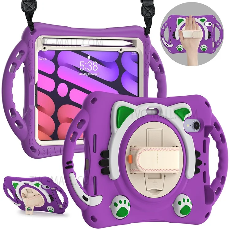 PC + Silicone Hybrid Cover Hand Band Design with Shoulder Strap and 360-Degree Rotary Kickstand Tablet Case for iPad mini (2021) - Purple