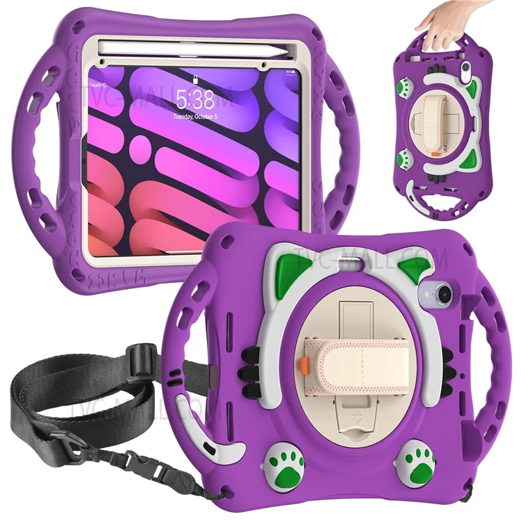 PC + Silicone Hybrid Cover Hand Band Design with Shoulder Strap and 360-Degree Rotary Kickstand Tablet Case for iPad mini (2021) - Purple