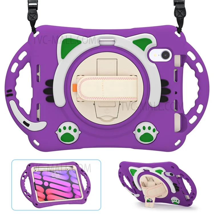 PC + Silicone Hybrid Cover Hand Band Design with Shoulder Strap and 360-Degree Rotary Kickstand Tablet Case for iPad mini (2021) - Purple