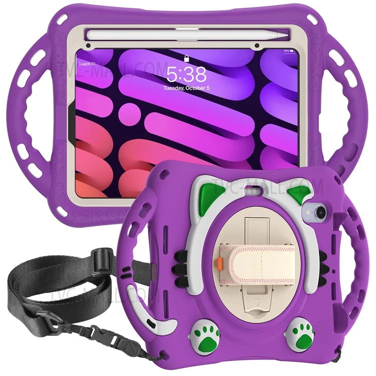 PC + Silicone Hybrid Cover Hand Band Design with Shoulder Strap and 360-Degree Rotary Kickstand Tablet Case for iPad mini (2021) - Purple