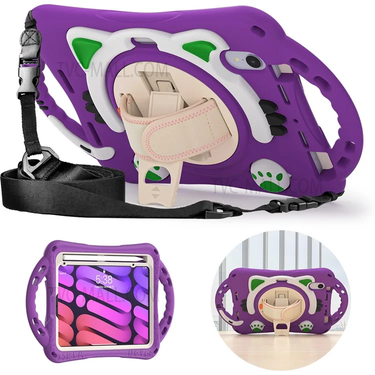 PC + Silicone Hybrid Cover Hand Band Design with Shoulder Strap and 360-Degree Rotary Kickstand Tablet Case for iPad mini (2021) - Purple