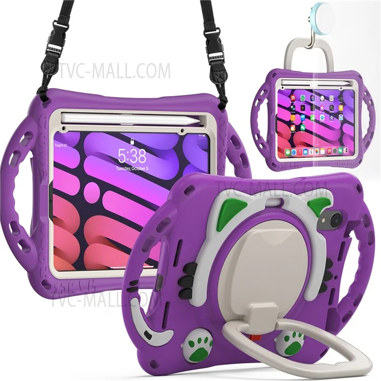Silicone + PC Tablet Cover with Shoulder Strap 360-Degree Rotary Kickstand Anti-Drop and Anti-Impact Tablet Protective Case for iPad mini (2021) - Purple