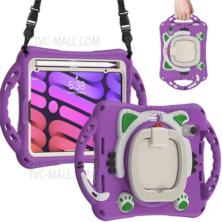 Silicone + PC Tablet Cover with Shoulder Strap 360-Degree Rotary Kickstand Anti-Drop and Anti-Impact Tablet Protective Case for iPad mini (2021) - Purple