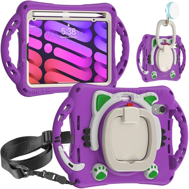 Silicone + PC Tablet Cover with Shoulder Strap 360-Degree Rotary Kickstand Anti-Drop and Anti-Impact Tablet Protective Case for iPad mini (2021) - Purple