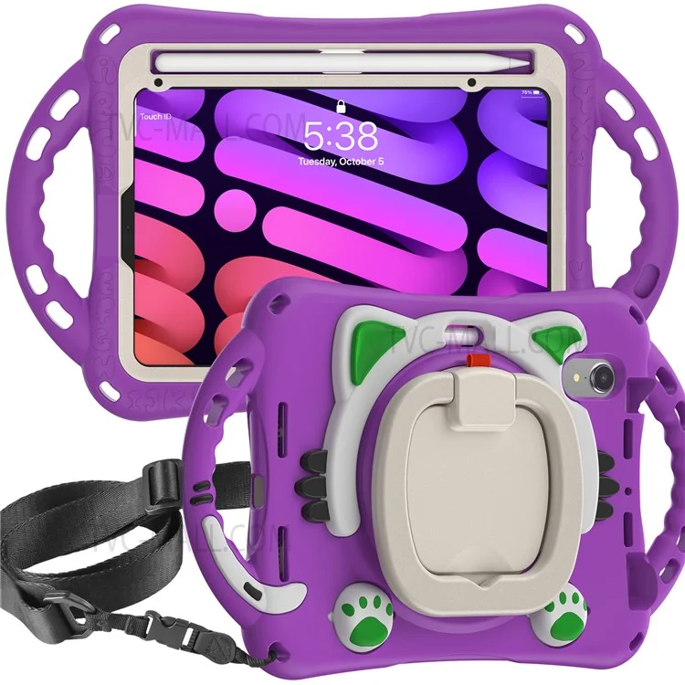 Silicone + PC Tablet Cover with Shoulder Strap 360-Degree Rotary Kickstand Anti-Drop and Anti-Impact Tablet Protective Case for iPad mini (2021) - Purple