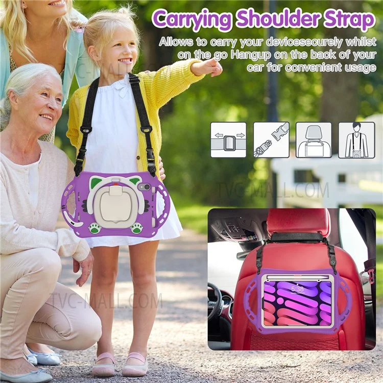 Silicone + PC Tablet Cover with Shoulder Strap 360-Degree Rotary Kickstand Anti-Drop and Anti-Impact Tablet Protective Case for iPad mini (2021) - Purple