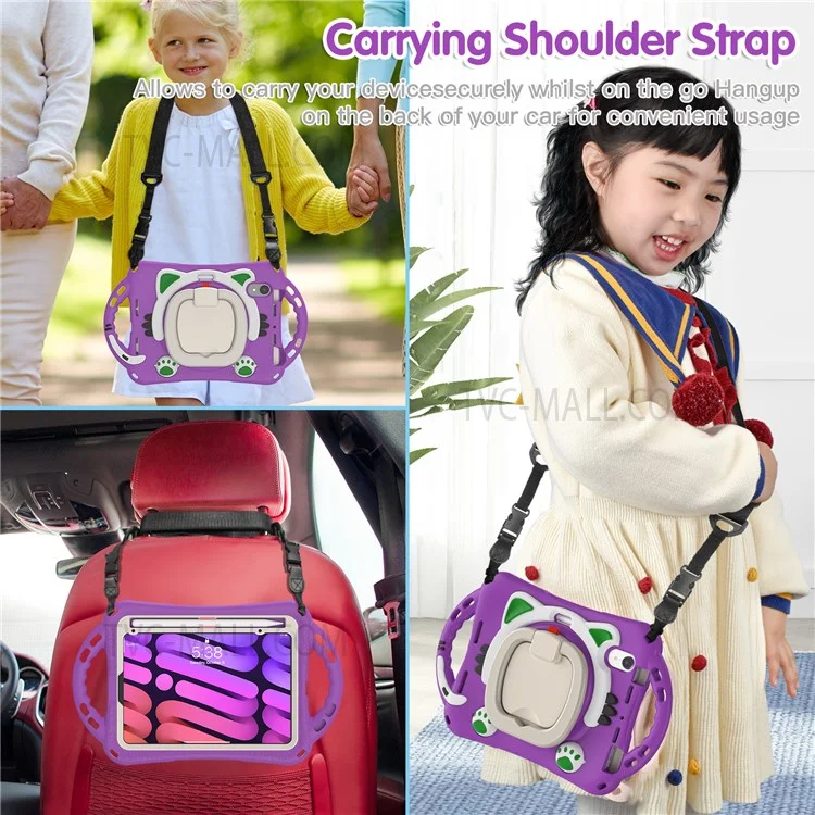 Silicone + PC Tablet Cover with Shoulder Strap 360-Degree Rotary Kickstand Anti-Drop and Anti-Impact Tablet Protective Case for iPad mini (2021) - Purple