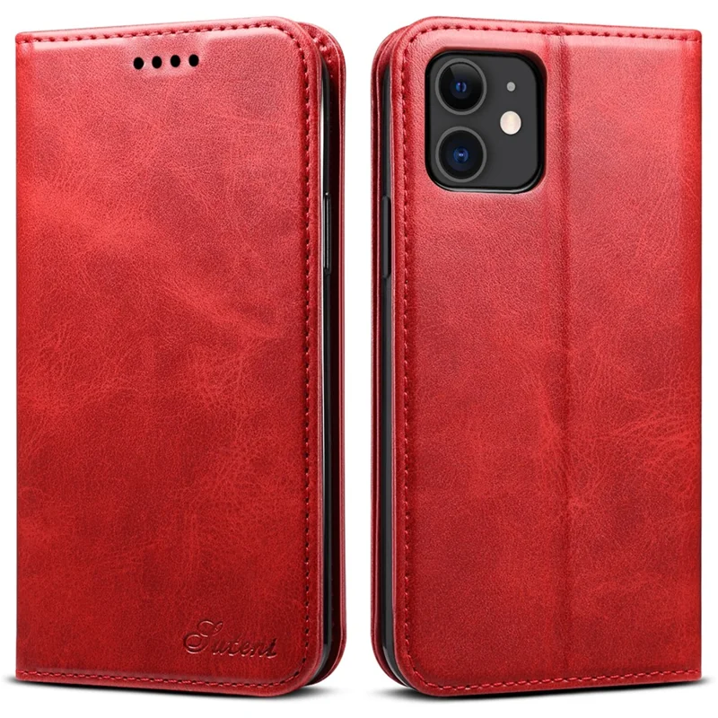 SUTENI Magnetic Automatic Closing Textured Surface Case Shockproof Folio Flip Leather Case with Stand and Wallet for iPhone 11 6.1 inch - Red