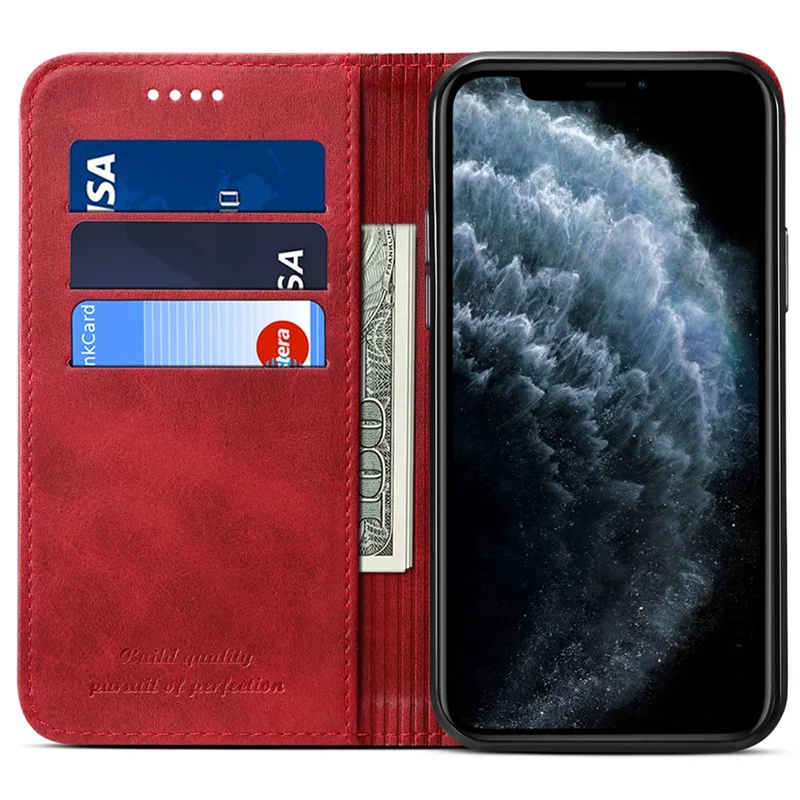 SUTENI Magnetic Automatic Closing Textured Surface Case Shockproof Folio Flip Leather Case with Stand and Wallet for iPhone 11 6.1 inch - Red
