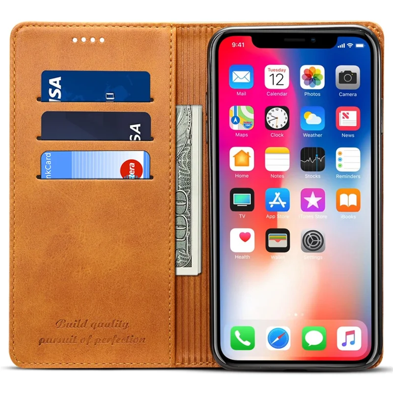 SUTENI Textured Surface Folio Flip Protective Case Wallet Magnetic Automatic Closing Leather Cover with Stand for iPhone XS Max 6.5 inch - Khaki