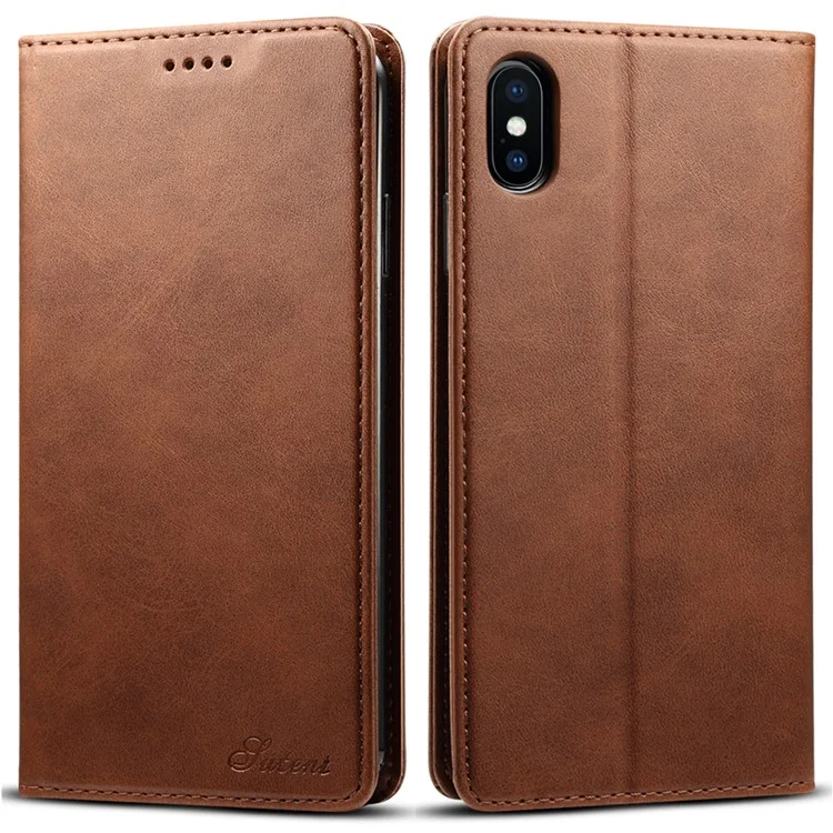 SUTENI Textured Surface Folio Flip Protective Case Wallet Magnetic Automatic Closing Leather Cover with Stand for iPhone XS Max 6.5 inch - Brown