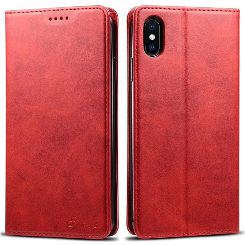 SUTENI Textured Surface Folio Flip Protective Case Wallet Magnetic Automatic Closing Leather Cover with Stand for iPhone XS Max 6.5 inch - Red