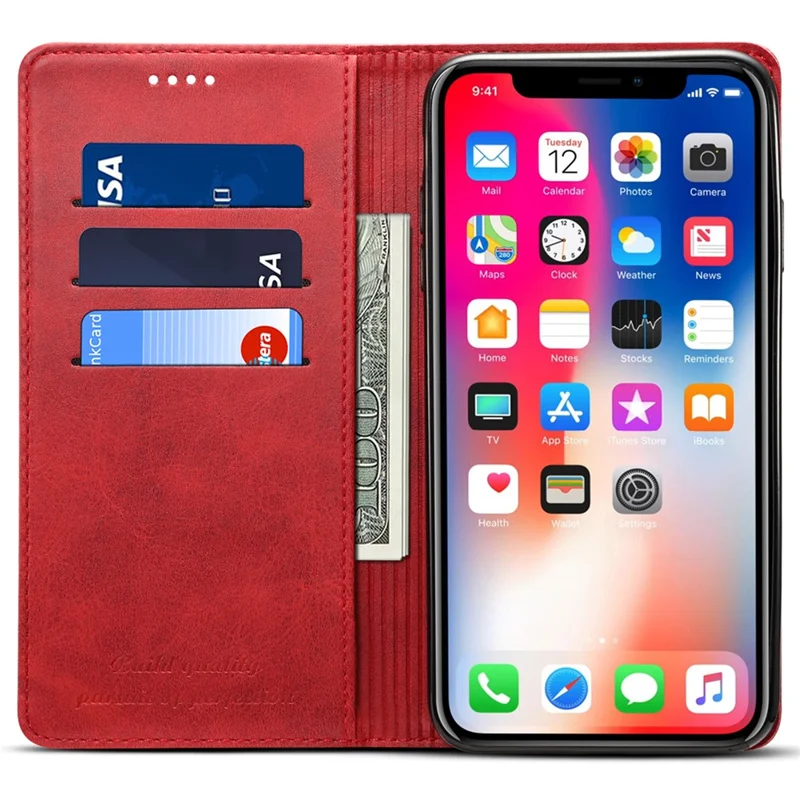 SUTENI Textured Surface Folio Flip Protective Case Wallet Magnetic Automatic Closing Leather Cover with Stand for iPhone XS Max 6.5 inch - Red