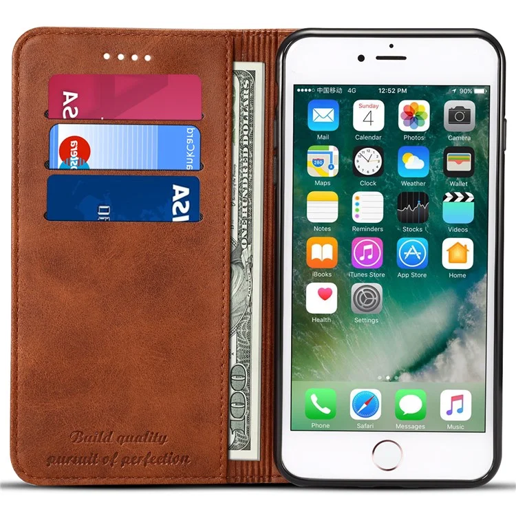 SUTENI Folio Flip Textured Surface Magnetic Cover Well-protected Automatic Closing Wallet Design Leather Case with Stand for iPhone 7 Plus/8 Plus 5.5 inch - Brown