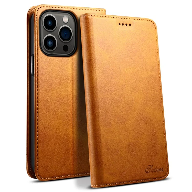 Suteni Wallet Stand Design Strukturierte Oberflächenmagnet Automatisch Schließlederabdeckung + TPU Innere Hülle Für IPhone 13 Pro 6.1 Zoll - Khaki