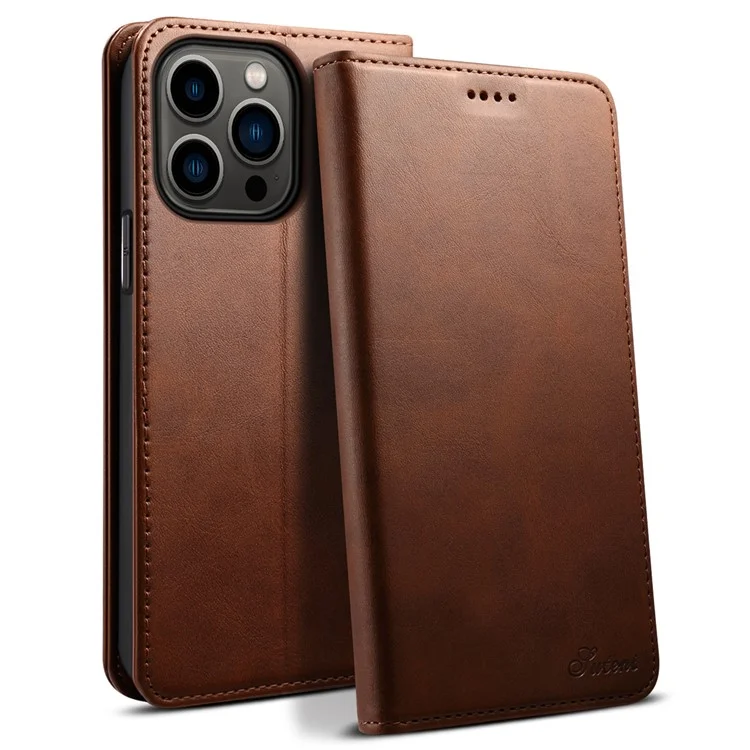 SUTENI Portefeuille Stand Design Textured Magretic Automatic Closing Cover En Cuir + TPU Inner Case Pour IPhone 13 Pro 6.1 Pouces - Brun