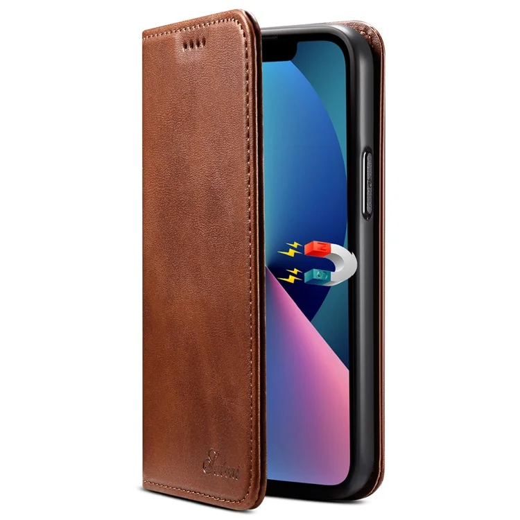 SUTENI Portefeuille Stand Design Textured Magretic Automatic Closing Cover En Cuir + TPU Inner Case Pour IPhone 13 Pro 6.1 Pouces - Brun