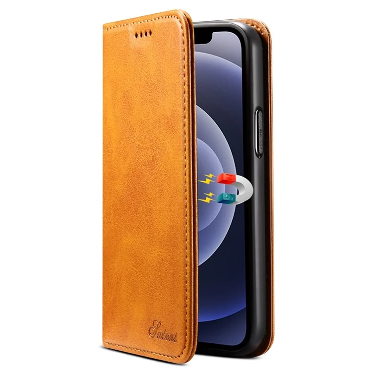 SUTENI Capa de Proteção Geral com Superfície Texturizada Fechamento Automático Magnético Capa de Couro com Suporte e Carteira para iPhone 12 mini 5.4 polegadas - Cáqui