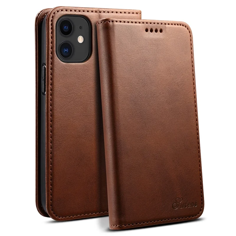 SUTENI Textured Surface All-round Protection Case Magnetic Automatic Closing Leather Case with Stand and Wallet for iPhone 12 mini 5.4 inch - Brown