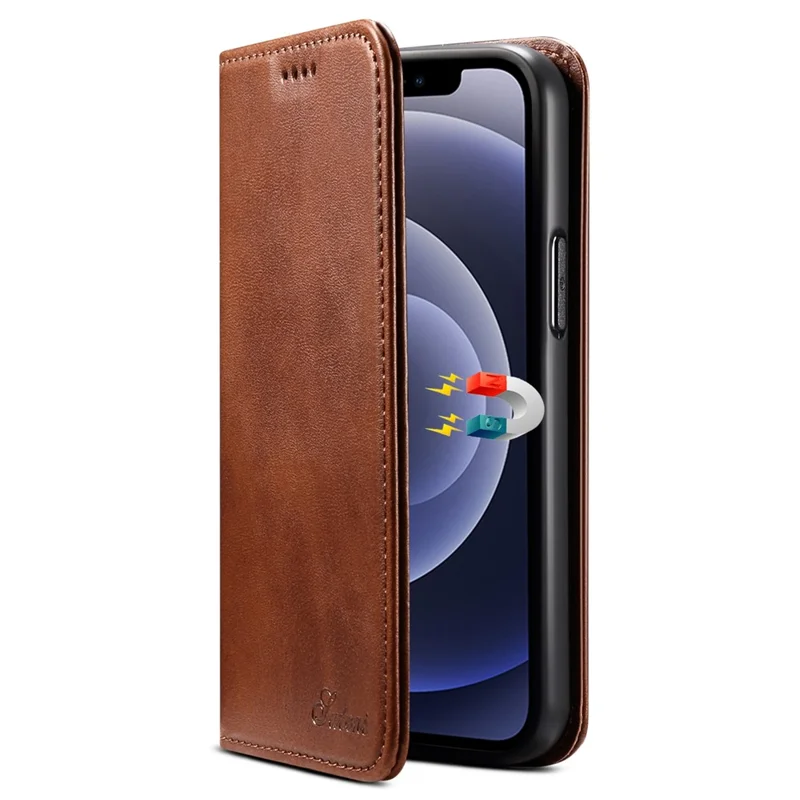 SUTENI Textured Surface All-round Protection Case Magnetic Automatic Closing Leather Case with Stand and Wallet for iPhone 12 mini 5.4 inch - Brown