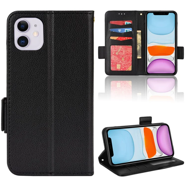 Pour iPhone 11 6.1 pouces Coque de smartphone magnétique à texture de litchi anti-traces de doigts en cuir PU avec support Portefeuille Étui pour téléphone portable - Noir