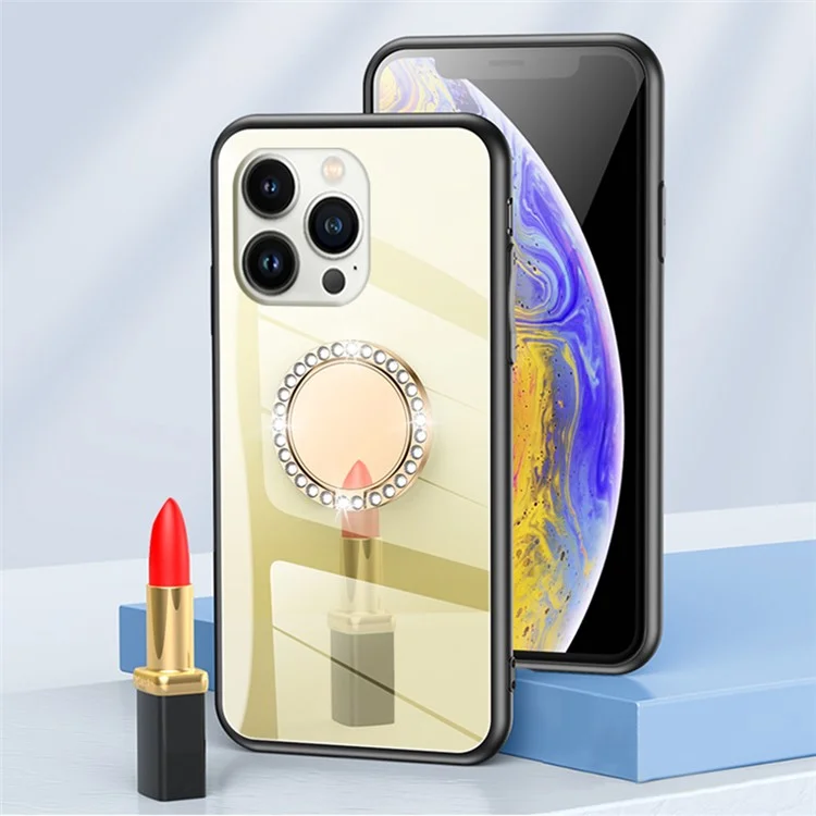 Built-in Metal Sheet Mirror Surface Rotating Ring Kickstand Design TPU + PC Hybrid Cover Shell for iPhone 13 Pro 6.1 inch - Gold