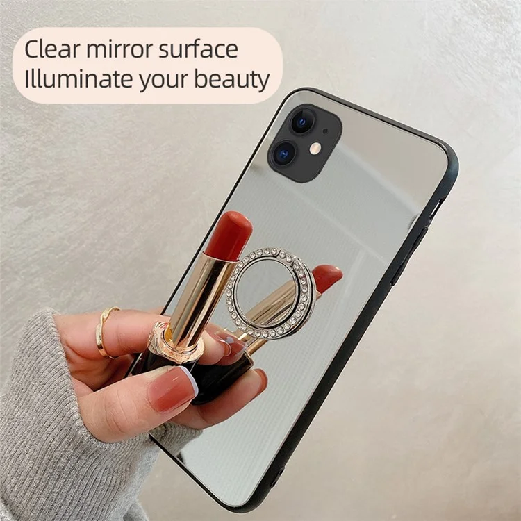 Metal Rhinestone Decoration Ring Kickstand Mirror Back TPU + PC Hybrid Cover Shell for iPhone 12 6.1 inch - Silver