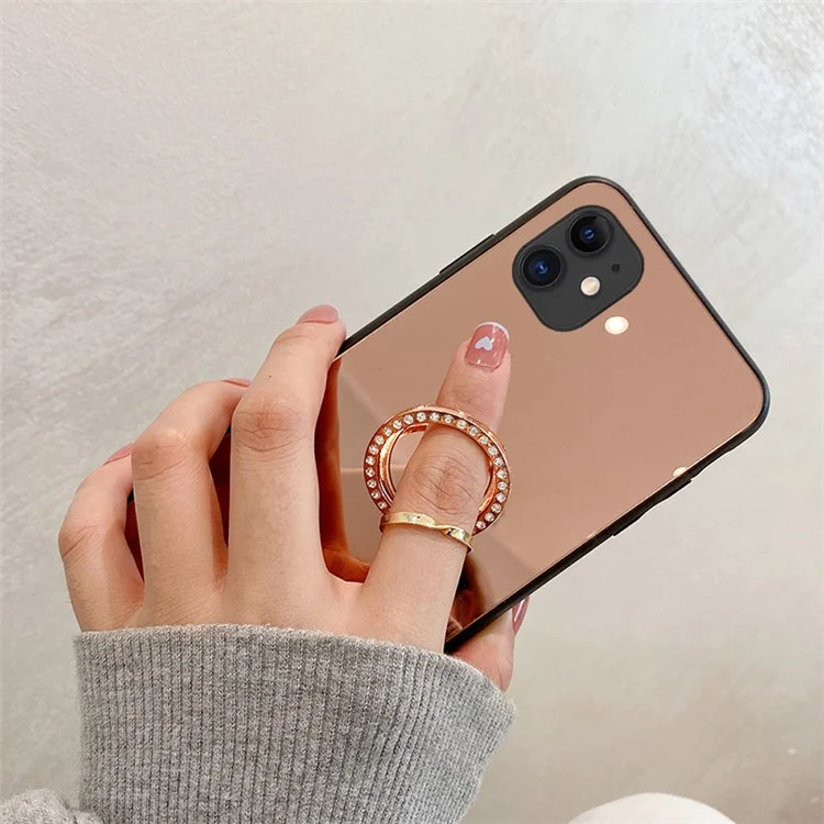Metal Rhinestone Decoration Ring Kickstand Mirror Back TPU + PC Hybrid Cover Shell for iPhone 12 6.1 inch - Silver