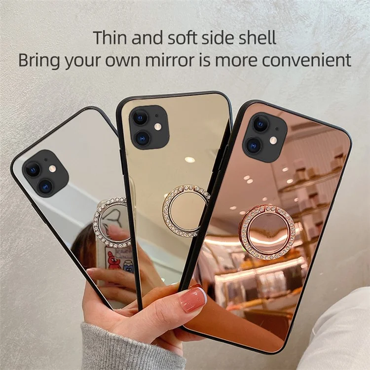 Metal Rhinestone Decoration Ring Kickstand Mirror Back TPU + PC Hybrid Cover Shell for iPhone 12 6.1 inch - Silver