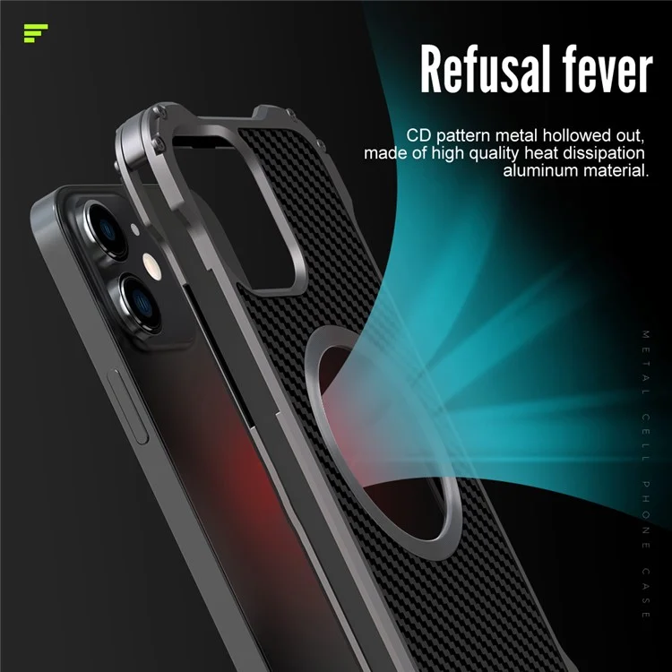 R-JUST RJ-51 Drop-Resistant Back Hollow Heat Dissipation Carbon Fiber PC + Aluminum Alloy Phone Case for iPhone 12 6.1 inch