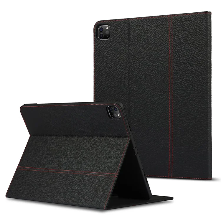 Litchi Texture Genuine Leather Stand Design Well-protected Wake/Sleep Function Tablet Case for Apple iPad Pro 12.9-inch (2021) - Black