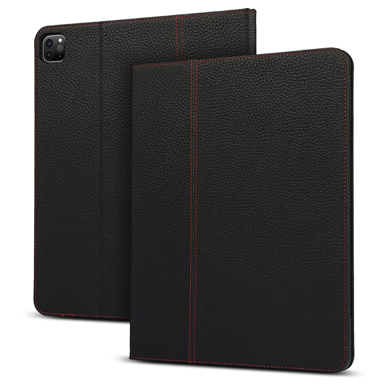 Litchi Texture Genuine Leather Stand Design Well-protected Wake/Sleep Function Tablet Case for Apple iPad Pro 12.9-inch (2021) - Black