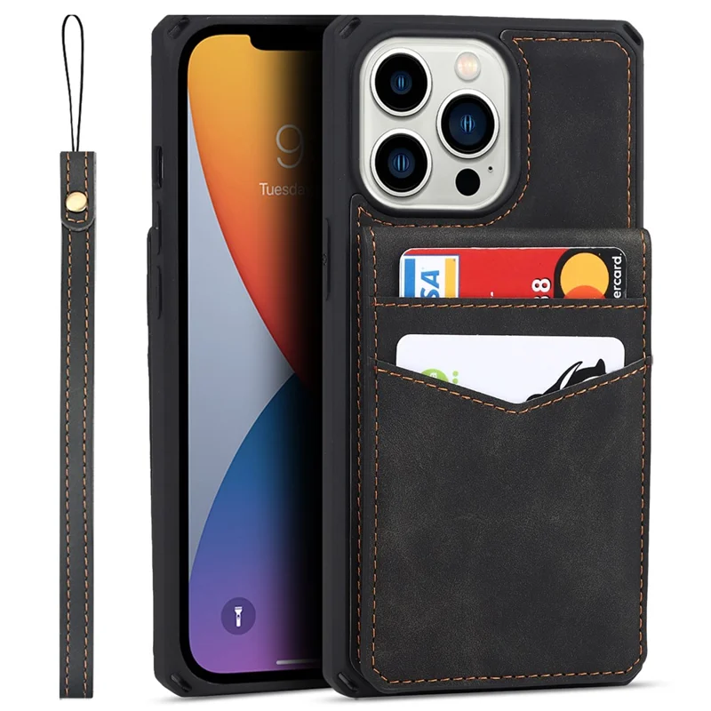 Vertical Flip Card Slots Design Button Closure Skin-touch Well-protected PU Leather Coated TPU Phone Case with Kickstand for iPhone 13 Pro 6.1 inch - Black
