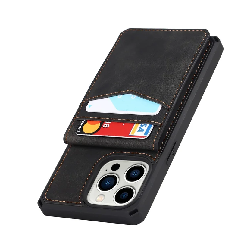 Vertical Flip Card Slots Design Button Closure Skin-touch Well-protected PU Leather Coated TPU Phone Case with Kickstand for iPhone 13 Pro 6.1 inch - Black