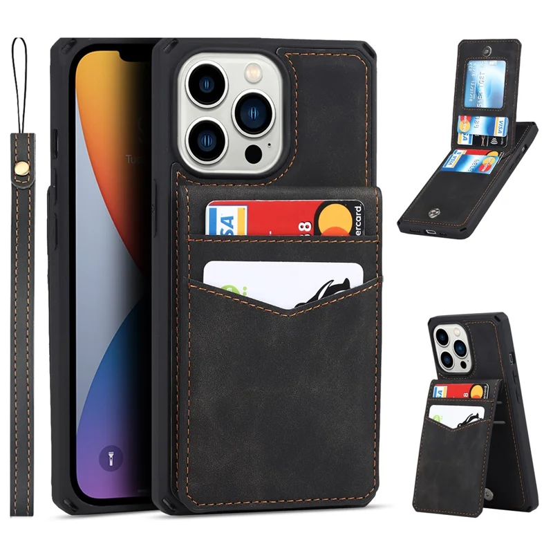Vertical Flip Card Slots Design Button Closure Skin-touch Well-protected PU Leather Coated TPU Phone Case with Kickstand for iPhone 13 Pro 6.1 inch - Black
