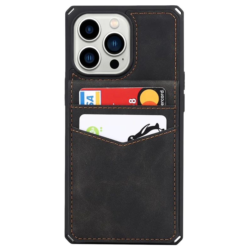Vertical Flip Card Slots Design Button Closure Skin-touch Well-protected PU Leather Coated TPU Phone Case with Kickstand for iPhone 13 Pro 6.1 inch - Black