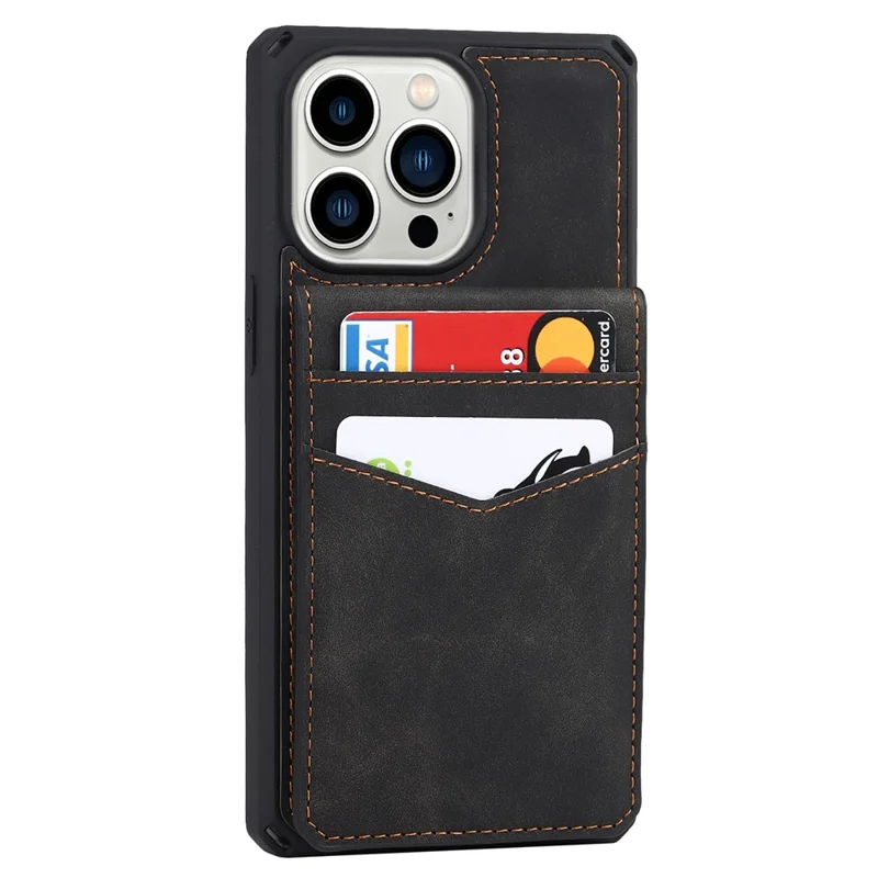 Vertical Flip Card Slots Design Button Closure Skin-touch Well-protected PU Leather Coated TPU Phone Case with Kickstand for iPhone 13 Pro 6.1 inch - Black