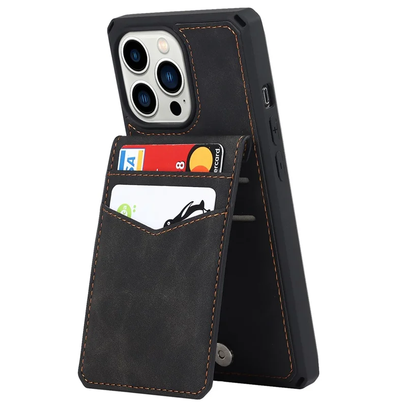 Vertical Flip Card Slots Design Button Closure Skin-touch Well-protected PU Leather Coated TPU Phone Case with Kickstand for iPhone 13 Pro 6.1 inch - Black