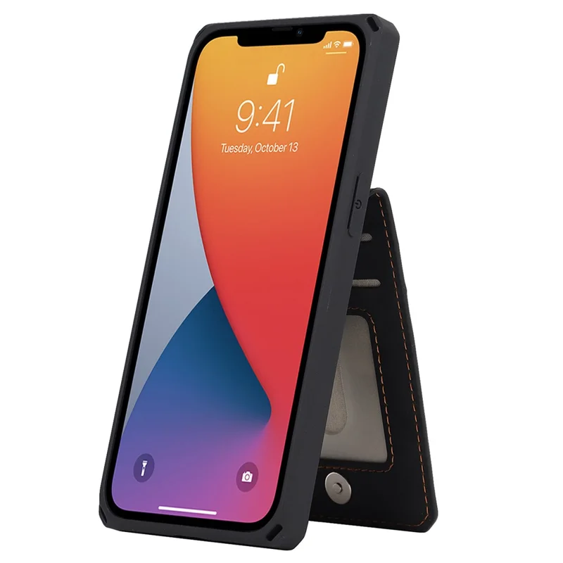 Vertical Flip Card Slots Design Button Closure Skin-touch Well-protected PU Leather Coated TPU Phone Case with Kickstand for iPhone 13 Pro 6.1 inch - Black