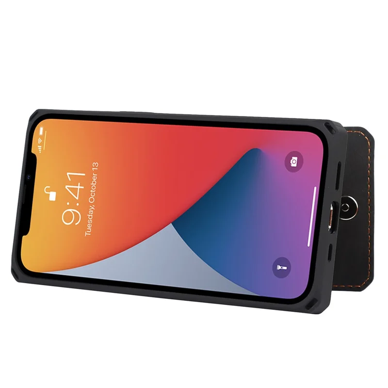 Vertical Flip Card Slots Design Button Closure Skin-touch Well-protected PU Leather Coated TPU Phone Case with Kickstand for iPhone 13 Pro 6.1 inch - Black