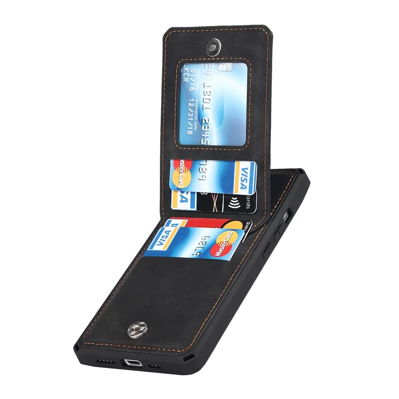 Vertical Flip Card Slots Design Button Closure Skin-touch Well-protected PU Leather Coated TPU Phone Case with Kickstand for iPhone 13 Pro 6.1 inch - Black