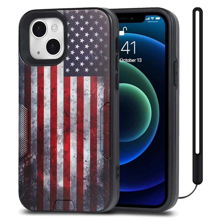 Dustproof Anti-scratch Pattern Printing TPU + PC Phone Case Shell with Strap for iPhone 13 6.1 inch - US Flag