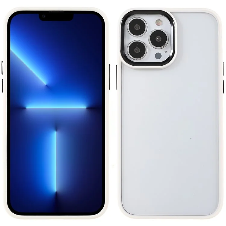 Metal Camera Lens Frame Acrylic Back Cover + TPU Bumper Hybrid Phone Case for iPhone 13 Pro Max 6.7 inch - White
