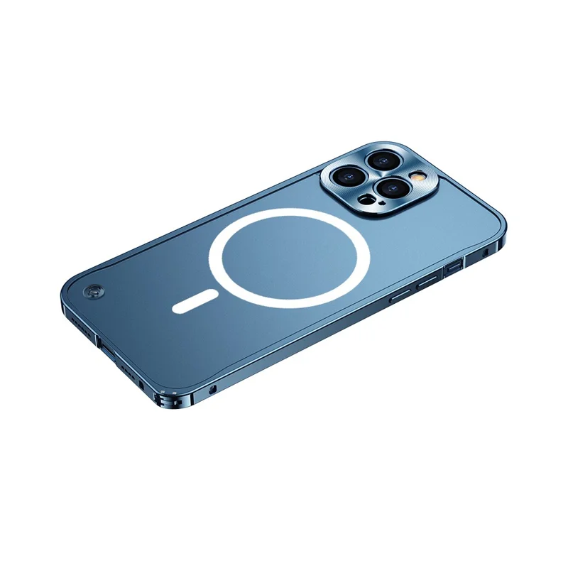 For iPhone 12 Pro 6.1 inch Transparent Matte Cover with Magnetic Wireless Charging, Hard PC Back Metal Frame Transparent Scratch-resistant Phone Protector - Blue