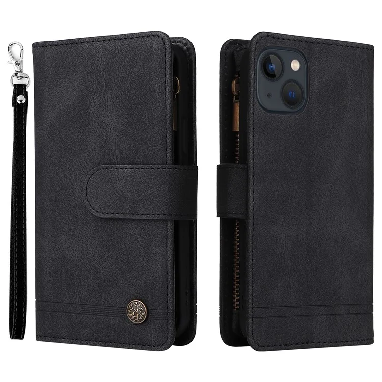 Stripes Imprinted Skin-touch Wallet Stand Fully Wrapped Leather Cover Card Slots Phone Case with Zipper Pocket for iPhone 13 6.1 inch - Black