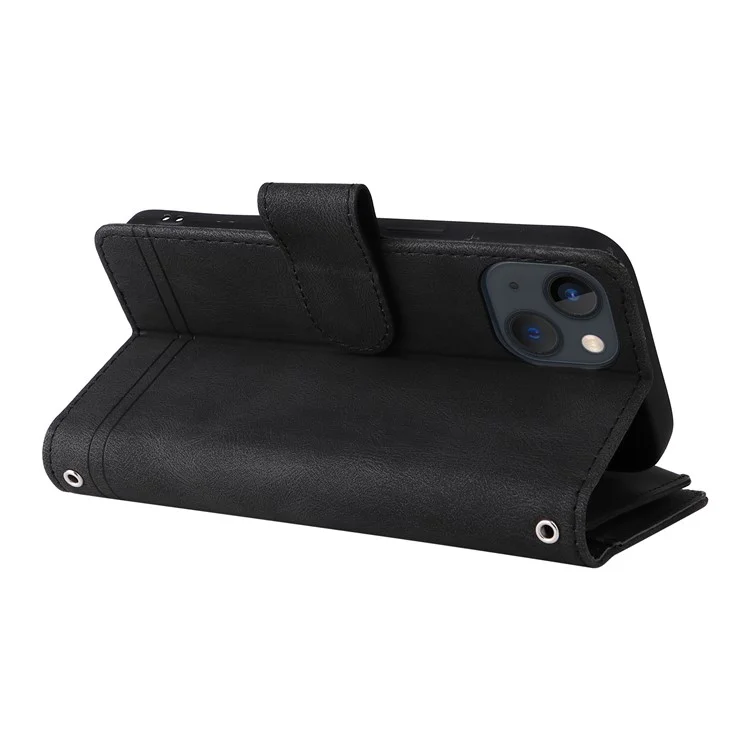 Stripes Imprinted Skin-touch Wallet Stand Fully Wrapped Leather Cover Card Slots Phone Case with Zipper Pocket for iPhone 13 6.1 inch - Black