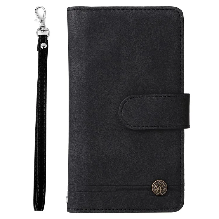 Stripes Imprinted Skin-touch Wallet Stand Fully Wrapped Leather Cover Card Slots Phone Case with Zipper Pocket for iPhone 13 6.1 inch - Black