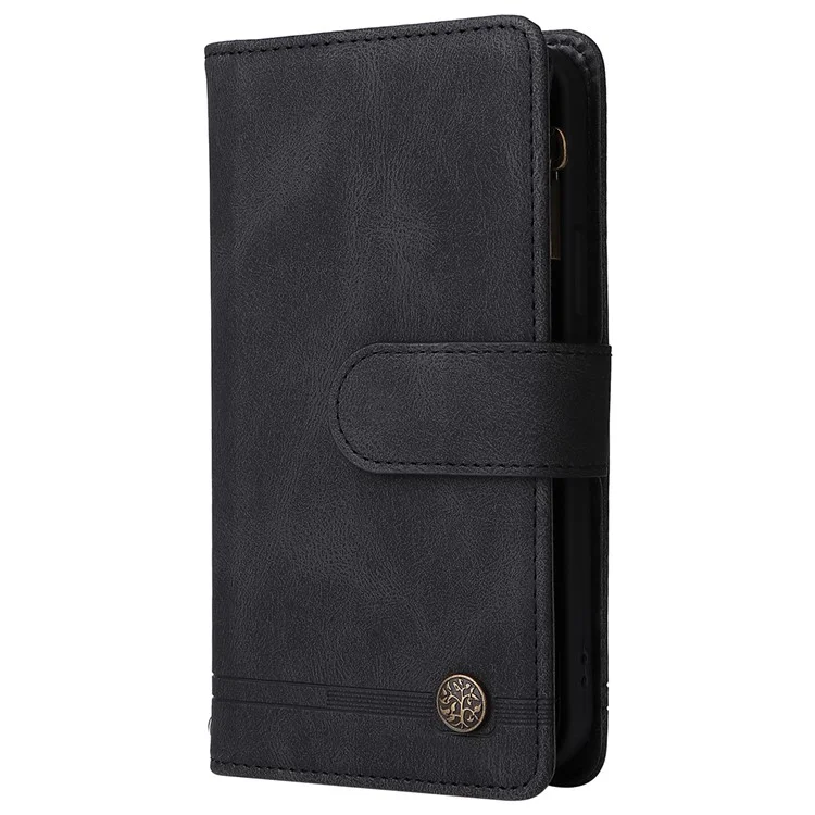 Stripes Imprinted Skin-touch Wallet Stand Fully Wrapped Leather Cover Card Slots Phone Case with Zipper Pocket for iPhone 13 6.1 inch - Black