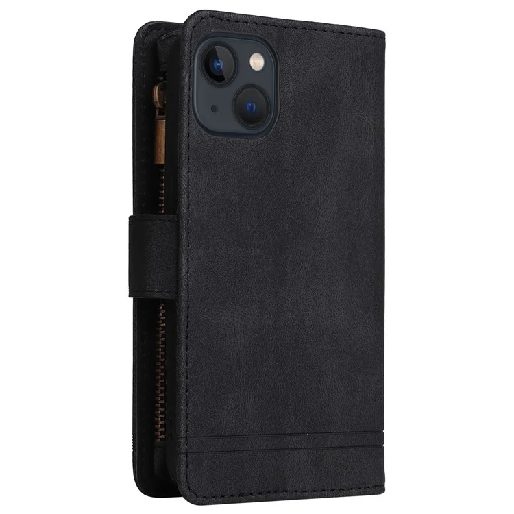 Stripes Imprinted Skin-touch Wallet Stand Fully Wrapped Leather Cover Card Slots Phone Case with Zipper Pocket for iPhone 13 6.1 inch - Black